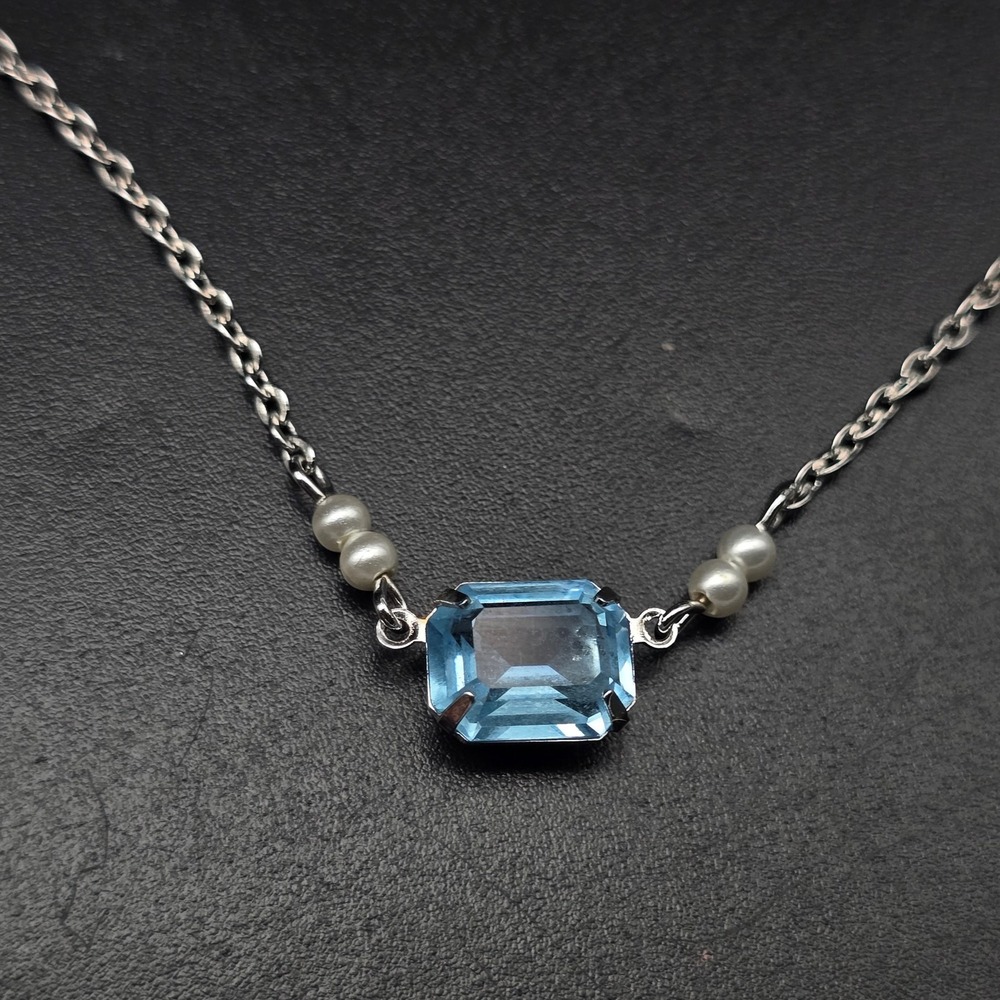 Avon 1983 Blue Ice Necklace Blue Rhinestone Faux Pearl Vintage Jewelry